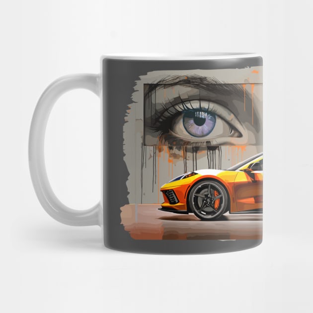 Amplify Orange C8 Corvette Stingray Sebring Orange Supercar in front of a wall of graffiti with blue eyes looking back at you Sports car American Muscle car race car by Tees 4 Thee